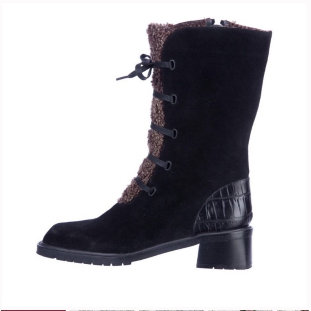 Stuart Weitzman Black Suede Shearling Lace Up Boots